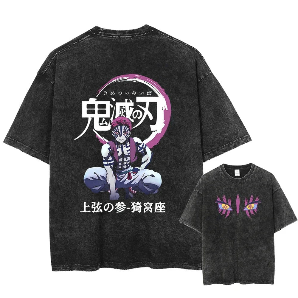 Black vintage anime tshirt with akaza from demon slayer